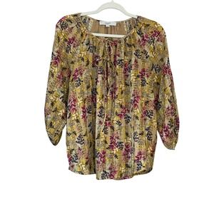 LOFT Floral Blouse Top Womens M Medium Tan Multi 3/4 Sleeve‎ Double Tie Neck